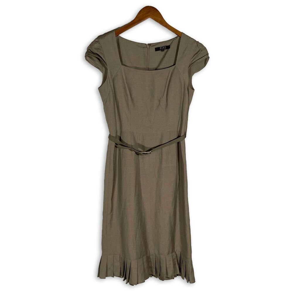 NWT Alex Marie Linen Sheath Dress Size 4 Taupe Belted Pleated Hem Retro